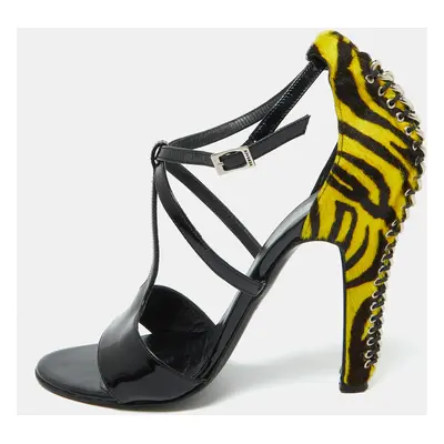 Versace Black Patent Leather and Animal Print Calf Hair Sandals Size 38.5