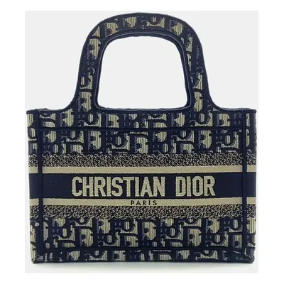 Dior Beige Navy Blue Fabric Oblique Mini Book Tote Bag