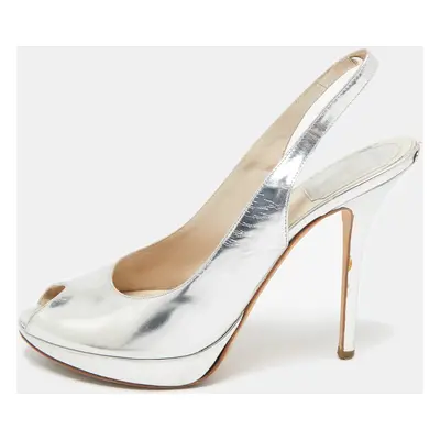 Dior Silver Leather Miss Dior Slingback Sandals Size