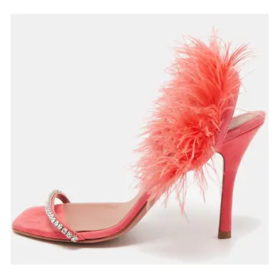 Amina Muaddi Pink Satin and Feather Crystal Embellished Adwoa Slingback Sandals Size 38.5