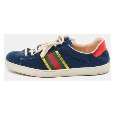 Gucci Blue Velvet And Leather Web Detail Ace Sneakers Size