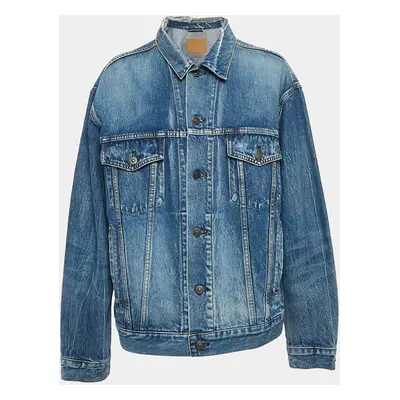 Balenciaga Blue Logo Print Ripped Collar Denim Oversized Jacket