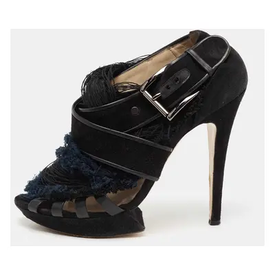 Nicholas Kirkwood Black/Blue Suede And Fabric Criss Cross Platform Sandals Size 39.5