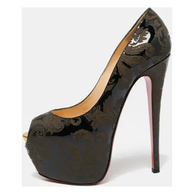 Christian Louboutin Black/Brown Patent Leather Arabesque Highness Peep-Toe Pumps Size 36.5