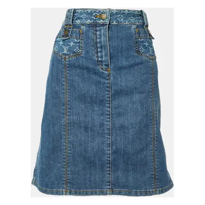 Louis Vuitton Blue Washed Denim Logo Jacquard Detail Skirt