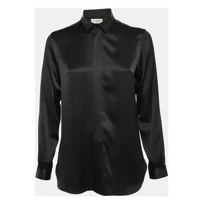 Saint Laurent Paris Black Satin Silk Leather Trim Button Front Shirt