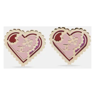 Chanel CC Heart Multicolor Enamel Gold Tone Clip On Earring