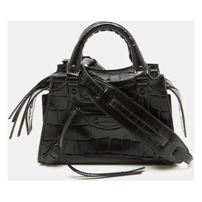 Balenciaga Black Croc Embossed Leather Mini Neo Classic Shoulder Bag