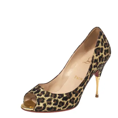 Christian Louboutin Tri-Color Leopard Print Metallic Fabric Yoyospina Giaguaro Peep-Toe Pumps Si