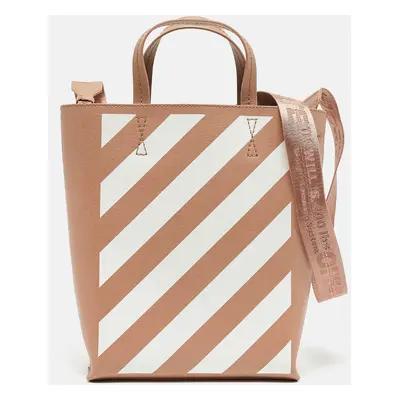 Off-White Beige/White Striped Leather Medium Binder Clip Vertical Tote