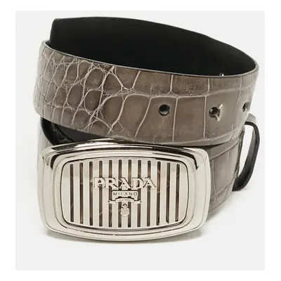 Prada Grey Crocodile Logo Plague Oval Belt