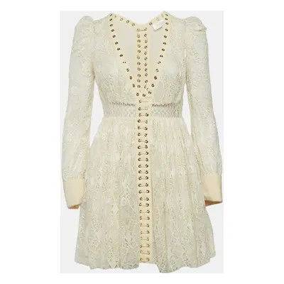 Zimmermann Off-White Lace Eyelet Detail Flared Mini Dress