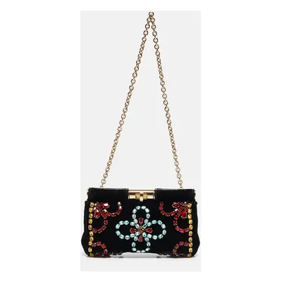 Dolce & Gabbana Black Velvet Crystals Embellished Frame Clutch Bag