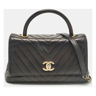 Chanel Black Chevron Leather Leather Coco Top Handle Bag