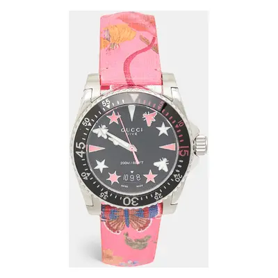 Gucci Black Stainless Steel Floral Print Calfskin Leather Dive YA136326 Women's Wristwatch