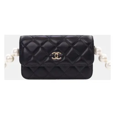 Chanel Black Leather Maxi Pearls Clutch With Chain