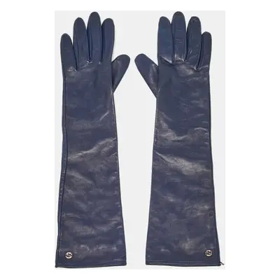 Gucci Navy Blue Leather Interlocking G Long Gloves Size 6.5