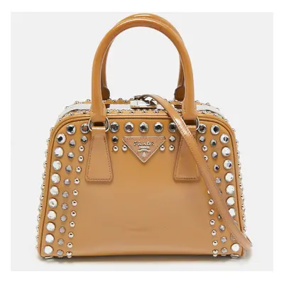 Prada Tan Saffiano Patent Leather Small Studded Pyramid Frame Bag