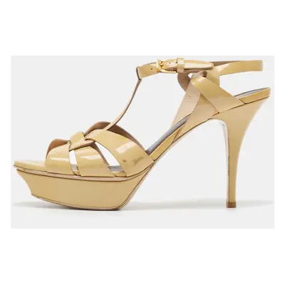 Saint Laurent Paris Beige Patent Leather Tribute Platform Ankle Strap Sandals Size