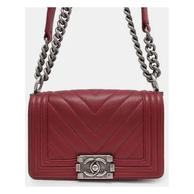 Chanel Red Caviar Leather Small Chevron Boy Bag