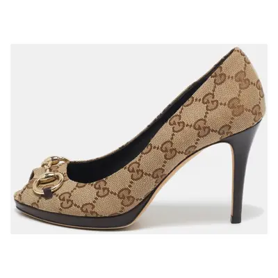 Gucci Brown Canvas New Hollywood Peep Toe Pumps Size