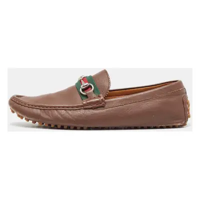 Gucci Brown Leather Web Slip On Loafers Size