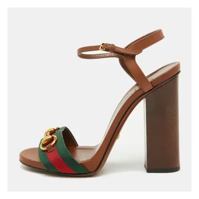 Gucci Brown Leather and Web Tape Horsebit Ankle Strap Sandals Size