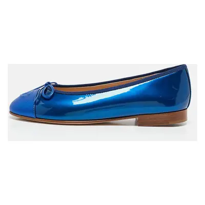 Chanel Blue Patent and Leather CC Cap Toe Bow Ballet Flats Size 35.5