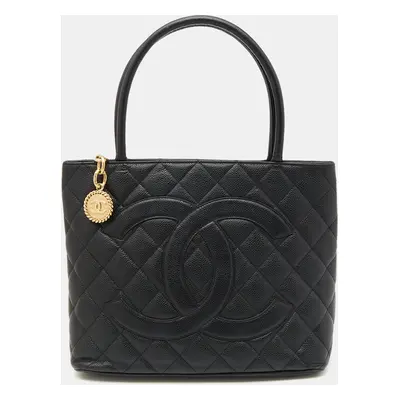 Chanel Black Quilted Caviar Leather Medallion Tote