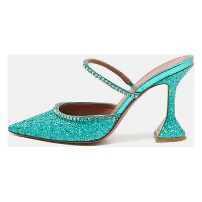 Amina Muaddi Teal Green Glitter Crystal Embellished Mules Size 38.5