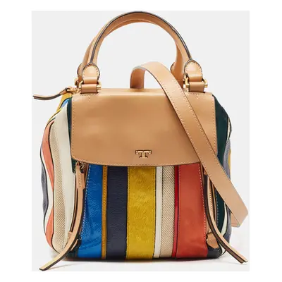 Tory Burch Multicolor Mix Leather and Canvas Balloon Stripe Half Moon Satchel