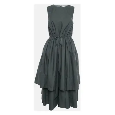 Brunello Cucinelli Grey Cotton Blend Drawstring Tiered Midi Dress