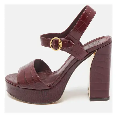 Tory Burch Burgundy Croc Embossed Leather martine Ankle Strap Sandals Size