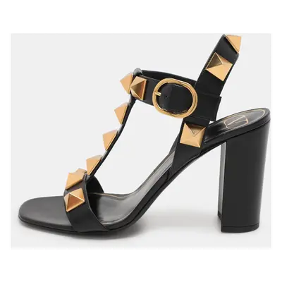 Valentino Black Leather Roman Stud Ankle Strap Sandals Size