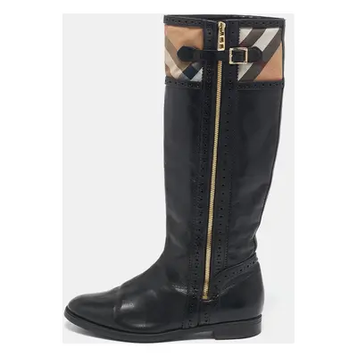 Burberry Beige/Black Canvas and Leather Knee Length Boots Size