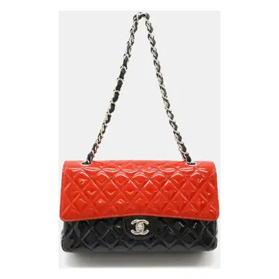 Chanel Black Red Bicolor Patent Leather Matelasse Coco Mark Double Chain Shoulder Bag