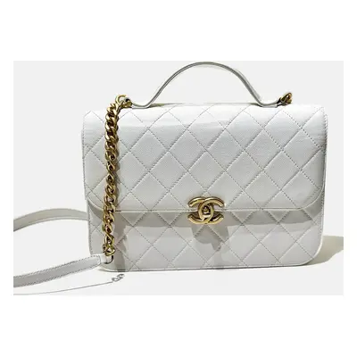 Chanel White Caviar Quilted Small Top Handle Flap Bag