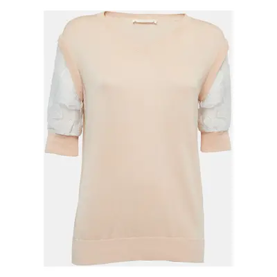 Chloe Beige Cotton Knit Floral Sleeve Detail Top