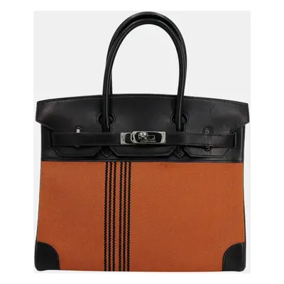 Hermes Orange and Black Toile H,Box Calf Leather Birkin Bag