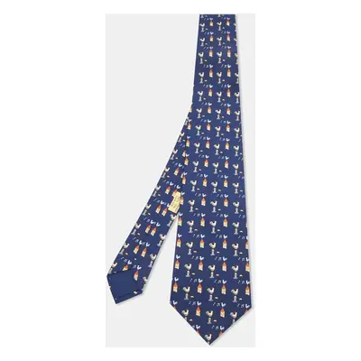 Hermès Blue Rooster Clock Print Silk Classic Tie