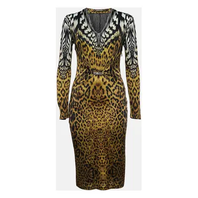 Roberto Cavalli Black Leopard Print V-Neck Midi Dress