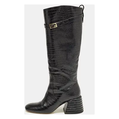 Fendi Black Croc Embossed Leather Knee Length Boots Size 38.5