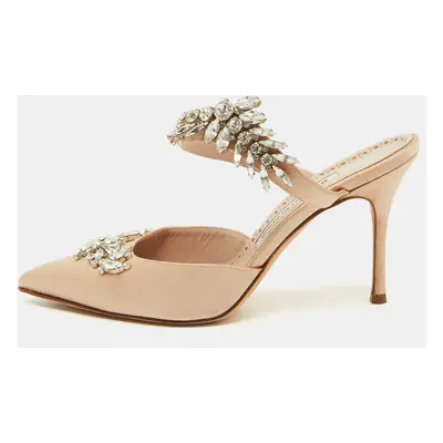 Manolo Blahnik Beige Satin Crystal Embellished Lurum Pointed Toe Mules Size