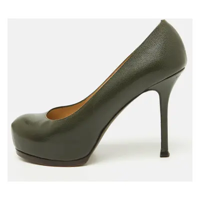 Yves Saint Laurent Olive Green Leather Tribtoo Platform Pumps Size 36.5