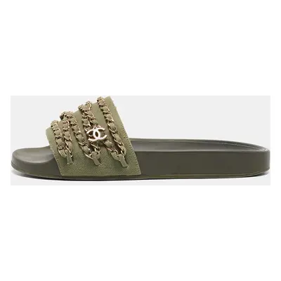 Chanel Green Canvas Tropiconic Chain Detail Slides Size