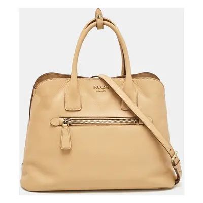 Prada Tan Saffiano Cuir Leather Open Promenade Satchel