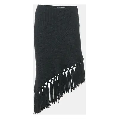 Dolce & Gabbana Black Patterned Wool Fringe Detail Asymmetric Skirt