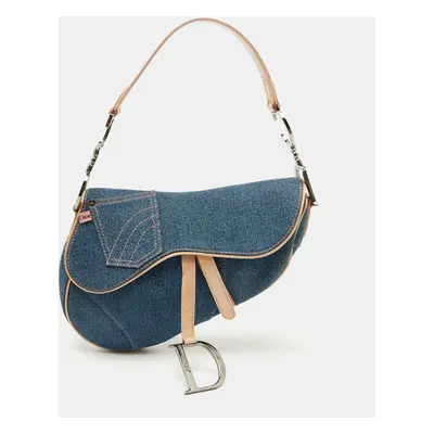 Dior Blue/Beige Denim and Leather Saddle Bag