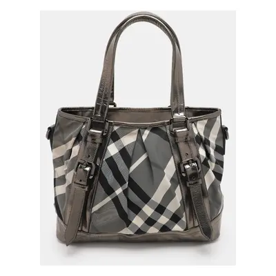 Burberry Grey/Black Beat Check Nylon and Patent Leather Lowry Tote