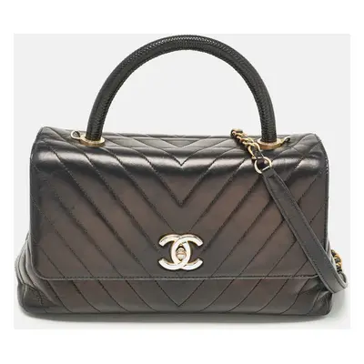 Chanel Black Chevron Leather Coco Top Handle Bag